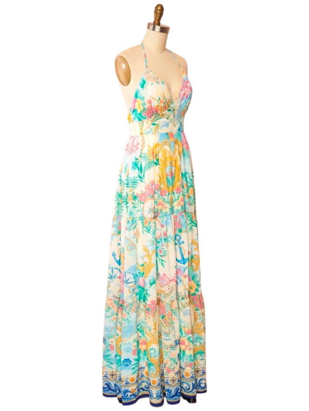 NWOT Flying Tomato Coastal Nautical Tiered Halter Maxi Dress Open Back Sz Small